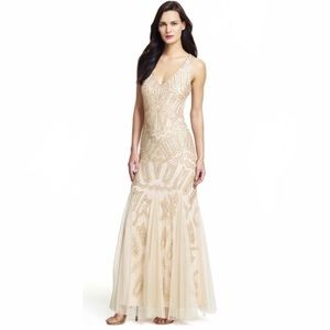 Adrianna Papell Long Beaded Gown with Cutout Sides